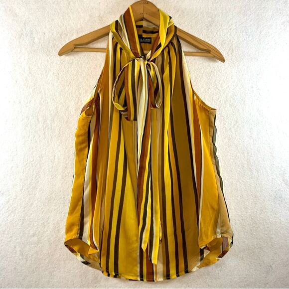 NY & Co. Womens Chiffon Halter Top Sz S Retro Striped Neck Tie Secretary Office - Picture 1 of 12